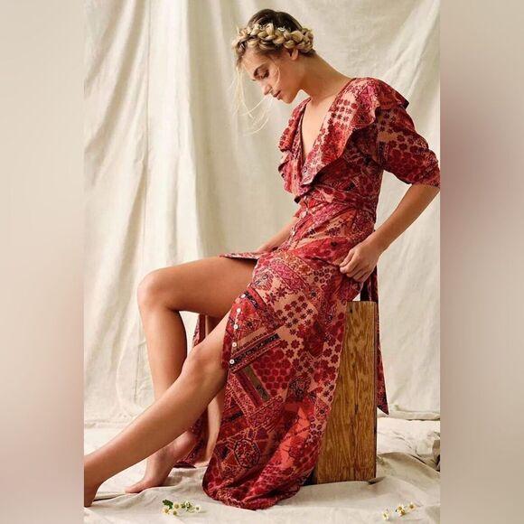 New FREE PEOPLE Lennon Patchwork Maxi Dress Button Front Pink Red Size XS Small - Picture 1 of 13